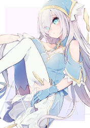 Rule 34 | 1girl, ars almal, ars almal (3rd costume), blue dress, blue eyes, blue gloves, blush, dress, gloves, head scarf, highres, long hair, looking to the side, moca soon, nijisanji, simple background, solo, thighhighs, virtual youtuber, white background, white hair, white thighhighs