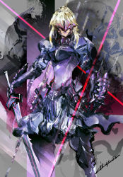 Rule 34 | 1girl, armor, armored boots, armored dress, artoria pendragon (all), artoria pendragon (fate), blonde hair, blue armor, boots, breastplate, closed mouth, covered eyes, excalibur morgan (fate), fate/stay night, fate (series), gauntlets, highres, holding, holding sword, holding weapon, ikuyoan, lipstick, makeup, mask, purple lips, saber (fate), saber alter, short hair, signature, solo, standing, sword, visor, weapon