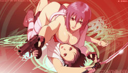 Rule 34 | 00s, 2girls, all fours, arms up, ass, blood+, blurry, boots, bow, bowtie, breasts, brown hair, cleavage, crossover, cyborg, depth of field, downblouse, fingerless gloves, foreshortening, ghost in the shell, ghost in the shell stand alone complex, girl on top, glint, gloves, glowing, gun, hair between eyes, handgun, highleg, highleg leotard, holding, kusanagi motoko, large breasts, leotard, lips, looking at viewer, looking back, lying, multiple girls, nishio tetsuya, official art, on back, otonashi saya, parted lips, pleated skirt, purple hair, red eyes, school uniform, serafuku, shirt, short hair, skirt, straddling, sword, thighhighs, thong leotard, watermark, weapon, yuri