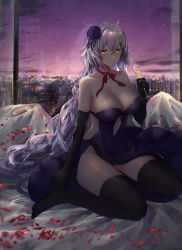 Rule 34 | 1girl, absurdres, ahoge, black gloves, black thighhighs, breasts, cityscape, cup, dress, drinking glass, elbow gloves, fate/grand order, fate (series), flower, gloves, hair flower, hair ornament, highres, hitomin (ksws7544), holding, holding cup, indoors, jeanne d&#039;arc (fate), jeanne d&#039;arc alter (avenger) (fate), jeanne d&#039;arc alter (avenger) (third ascension) (fate), jeanne d&#039;arc alter (fate), large breasts, long hair, official alternate costume, purple dress, purple flower, silver hair, sitting, solo, strapless, strapless dress, thighhighs, very long hair, wariza, window, yellow eyes