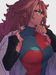 Rule 34 | 1girl, android 21, blue eyes, breasts, checkered clothes, checkered dress, dragon ball, dragon ball fighterz, dress, earrings, glasses, grey background, hoop earrings, jewelry, kemachiku, lab coat, long hair, looking away, medium breasts, parted lips, red hair, ring, simple background, solo, upper body