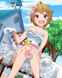 Rule 34 | 10s, 1girl, :d, ahoge, artist request, blush, breasts, brown hair, cleavage, dress, flower, gloves, hair flower, hair ornament, ibuki tsubasa, idolmaster, idolmaster million live!, jewelry, looking at viewer, messy hair, necklace, off shoulder, official art, open mouth, pink eyes, short hair, smile, solo, wedding dress