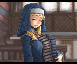 Rule 34 | 1girl, blonde hair, book, book stack, brooch, clarice (idolmaster), closed eyes, commentary request, habit, idolmaster, idolmaster cinderella girls, jewelry, letterboxed, long hair, nun, robe, sketch, smile, solo, tobatoinu, traditional nun, upper body