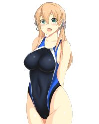 Rule 34 | 1girl, anchor hair ornament, aqua eyes, blonde hair, blue one-piece swimsuit, blush, breasts, collarbone, competition swimsuit, cowboy shot, dated, hair between eyes, hair ornament, highleg, highleg swimsuit, highres, kantai collection, long hair, looking at viewer, low twintails, medium breasts, montemasa, no headwear, no headwear, one-piece swimsuit, open mouth, prinz eugen (kancolle), simple background, smile, solo, swimsuit, twintails, white background