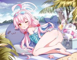 Rule 34 | 1girl, ahoge, bare legs, barefoot, beach, bikini, blue archive, blush, breasts, frilled bikini, frills, hair between eyes, hair ornament, halo, heterochromia, hoshino (blue archive), hoshino (swimsuit) (blue archive), inflatable toy, inflatable whale, koe neko (wmfj2858), long hair, looking at viewer, low twintails, one eye closed, outdoors, pink hair, small breasts, solo, swimsuit, twintails, white bikini, yellow eyes