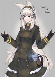 Rule 34 | 1girl, \n/, animal ears, blunt bangs, buttons, coat, double-breasted, gloves, hairband, highres, long hair, military, military uniform, original, sidelocks, sigama, solo, standing, tail, uniform, very long hair, white eyes, white hair