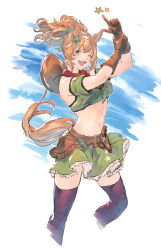 Rule 34 | 1girl, animal ears, armband, arms up, bandana, belt, blush, brown gloves, brown headwear, crop top, cropped legs, finger gun, floating hair, gloves, green armband, green eyes, green shirt, green skirt, hair ornament, hat on back, highres, horse ears, horse girl, horse tail, looking at viewer, midriff, navel, off-shoulder shirt, off shoulder, one eye closed, open mouth, orange hair, ponytail, purple thighhighs, shimatani azu, shirt, skirt, smile, solo, star (symbol), star hair ornament, taiki shuttle (umamusume), tail, thighhighs, umamusume, window