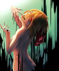 Rule 34 | 1girl, ass, back, blonde hair, breasts, commentary request, darkness, fingernails, from behind, green background, hair ribbon, hands up, highres, long fingernails, looking at viewer, looking back, medium breasts, nail polish, nude, red eyes, red nails, red ribbon, ribbon, rumia, sakugetsu, sharp fingernails, sharp teeth, smile, solo, teeth, touhou