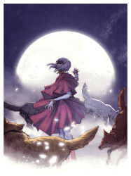 1girl animal black_fur boots bracelet bridal_gauntlets brown_fur cheza cloak collar commentary english_commentary falling_petals from_side full_moon gold_bracelet hands_up hige kiba looking_up melissa_somerville moon night petals purple_hair red_cloak red_collar red_footwear running short_hair snow third-party_source toboe tsume white_fur white_petals wind wolf wolf&#039;s_rain