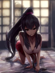Rule 34 | 10s, 1girl, all fours, bad id, bad pixiv id, bare shoulders, barefoot, black hair, blush, breasts, cleavage, hair in own mouth, highres, kantai collection, large breasts, long hair, looking at viewer, miniskirt, mouth hold, open mouth, ponytail, red eyes, satoru f, skirt, solo, undressing, yahagi (kancolle)