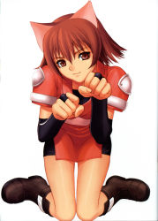 Rule 34 | 1girl, absurdres, animal ears, boots, bridal gauntlets, cat ears, full body, hair between eyes, head tilt, highres, knee boots, knees together feet apart, mao (shining tears), miniskirt, paw pose, pelvic curtain, pencil skirt, pink sash, red eyes, red hair, sash, scan, sega, shining (series), shining tears, simple background, skirt, solo, tony taka, white background