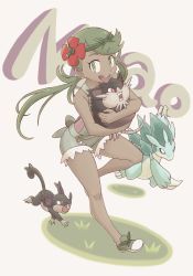 Rule 34 | 1girl, alolan form, alolan raticate, alolan rattata, alolan sandslash, bare shoulders, carrying, claws, commentary request, creatures (company), dark-skinned female, dark skin, flat color, flower, full body, game freak, gen 7 pokemon, grass, green eyes, green hair, hair flower, hair ornament, highres, looking at viewer, mallow (pokemon), nintendo, nomura (buroriidesu), pokemon, pokemon (creature), pokemon sm, revision, shoes, shorts, simple background, smile, twintails