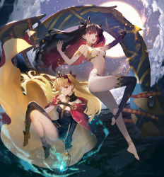 Rule 34 | 2girls, :d, arm up, ass, bare legs, bare shoulders, barefoot, black dress, black hair, blonde hair, blush, breasts, cage, cape, commentary request, detached sleeves, dress, ereshkigal (fate), expressionless, fate/grand order, fate (series), fire, floating, floating hair, full body, hands up, happy, heavenly boat maanna, high heels, highres, holding, holding cage, hood, hooded cape, ishtar (fate), knees together feet apart, knees up, legs, long hair, midriff, multiple girls, navel, open mouth, parted lips, red cape, red eyes, revealing clothes, short dress, siblings, siino, single bare leg, single sleeve, single thighhigh, sisters, smile, star (sky), sun, thighhighs, thighs, tiara, two side up, underboob, very long hair