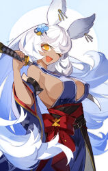 Rule 34 | 1girl, animal ears, armpits, blue background, blue flower, blue hair, blue kimono, bow, breasts, colored inner hair, commentary, cowboy shot, cyenmi3, dark-skinned female, dark skin, detached sleeves, flower, granblue fantasy, hair flower, hair ornament, highres, holding, holding sword, holding weapon, japanese clothes, katana, kimono, large breasts, long hair, looking at viewer, makura (granblue fantasy), multicolored hair, obi, one eye closed, open mouth, rabbit ears, rabbit girl, red bow, sash, sideboob, simple background, smile, solo, sword, twitter username, weapon, white background, yellow eyes, yukata