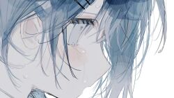 Rule 34 | 1girl, blue eyes, blue hair, blush, close-up, copyright request, crying, crying with eyes open, empty eyes, from side, hair ornament, hairclip, kanba nasu, profile, simple background, solo, tears, white background