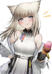 Rule 34 | 1girl, :q, absurdres, animal ears, arknights, arknights: endfield, black gloves, blonde hair, blue eyes, breasts, dress, food, gloves, highres, ice cream, long hair, medium breasts, perlica (arknights), simple background, solo, tab head, tongue, tongue out, white background, white dress