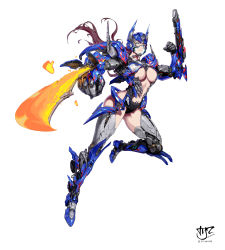 Rule 34 | absurdres, arm blade, arm cannon, blue eyes, boots, breasts, brown hair, center opening, chinese commentary, clenched hand, energy blade, floating hair, genderswap, genderswap (mtf), goggles, highres, large breasts, long hair, mecha musume, armored boots, metal gloves, navel, optimus prime, personification, science fiction, solo, thigh boots, thighhighs, transformers, transformers (live action), underboob, weapon, white background, zymv587