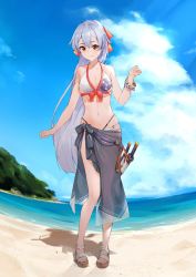 Rule 34 | 1girl, absurdres, beach, bikini, blue sky, blush, bow, bracelet, cloud, commentary request, day, fate/grand order, fate (series), grey sarong, hair bow, highres, jewelry, katana, long hair, looking at viewer, midriff, mitsudomoe (shape), navel, ocean, orange eyes, outdoors, red bow, sandals, sarong, silver hair, sky, smile, solo, swimsuit, sword, tomoe (symbol), tomoe gozen (fate), vegetablenabe, very long hair, weapon, white bikini