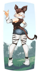 Rule 34 | 1girl, ;), animal ears, animal print, ass, bare shoulders, blue shorts, border, bow, bowtie, brown eyes, brown hair, brown shirt, closed mouth, commission, cutoffs, day, detached sleeves, fingernails, full body, giraffe print, grass, hair between eyes, hand on own hip, hand up, hatch (hatch box), highres, kemono friends, legs apart, looking at viewer, looking back, medium hair, multicolored hair, okapi (kemono friends), okapi ears, okapi tail, one eye closed, outdoors, pantyhose, pantyhose under shorts, pocket, print pantyhose, print sleeves, shirt, shoes, short shorts, shorts, smile, solo, standing, tail, white border, white bow, white hair
