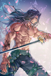 Rule 34 | 1boy, abs, absurdres, anbe yoshirou, beard, black hair, cowboy shot, dunban (xenoblade), facial hair, gradient background, highres, holding, holding sword, holding weapon, jewelry, katana, left-handed, long hair, male focus, manly, muscular, nintendo, no nipples, pants, pectorals, pendant, purple background, solo, sword, topless male, weapon, white background, xenoblade chronicles (series), xenoblade chronicles 1