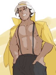 Rule 34 | 1boy, abs, bara, black eyes, black hair, black pants, coat, commentary, english commentary, hands in pockets, hat, highres, looking at viewer, male focus, muscular, muscular male, nipples, octopath traveler, octopath traveler ii, pants, partitio yellowil, pectorals, piikeisandaa, smile, suspenders, white hat, yellow coat