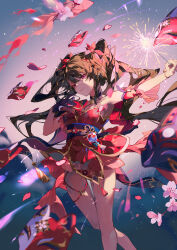 Rule 34 | 1girl, bare legs, bare shoulders, black hair, black sash, cherry blossoms, commentary, dress, feet out of frame, fox mask, highres, honkai: star rail, honkai (series), long hair, looking at viewer, mask, obi, pink eyes, red dress, sash, smile, solo, sparkle (honkai: star rail), standing, twintails, very long hair, yeurei