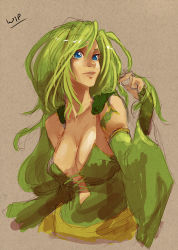 Rule 34 | 1990s (style), 1girl, bad deviantart id, bad id, bankage, breasts, cape, cleavage, detached sleeves, final fantasy, final fantasy iv, gradient background, green eyes, green hair, large breasts, lips, long hair, matching hair/eyes, nose, retro artstyle, rydia (ff4), solo, unfinished, upper body, wide sleeves