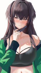 Rule 34 | 1girl, absurdres, black hair, black mask, black sports bra, blush, breasts, cleavage, collarbone, commentary, green jacket, highres, idolmaster, idolmaster shiny colors, jacket, large breasts, light smile, long hair, looking at viewer, mask, mask pull, mayuzumi fuyuko, mouth mask, navel, open clothes, open jacket, simple background, single bare shoulder, solo, sports bra, upper body, very long hair, white background, zcrt8375