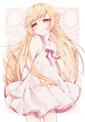 Rule 34 | aka kan, arms behind back, bad id, bad pixiv id, bakemonogatari, bare shoulders, blonde hair, blush stickers, closed mouth, collarbone, dress, fang, floral background, flower, highres, long hair, monogatari (series), off shoulder, oshino shinobu, pointy ears, smile, solo, standing, sunflower, white dress, yellow eyes