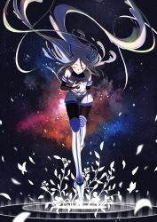 Rule 34 | 1girl, absurdly long hair, absurdres, bare shoulders, black legwear, blonde hair, commentary request, elbow gloves, closed eyes, gloves, hair ornament, highres, huge filesize, long hair, multicolored hair, original, purple hair, sky, smile, solo, star (sky), star (symbol), starry background, starry sky, tobi (pixiv41237754), very long hair, white hair, white legwear