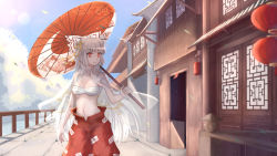 Rule 34 | 1girl, baggy pants, bandages, bare arms, blue sky, bow, breasts, building, chest sarashi, chinese commentary, collarbone, commentary request, cowboy shot, day, fujiwara no mokou, hair bow, hair ornament, highres, holding, holding umbrella, lens flare, long hair, looking at viewer, medium breasts, midriff, navel, ofuda, oil-paper umbrella, open clothes, open shirt, outdoors, pants, railing, red eyes, red pants, sarashi, see-through, shirt on shoulders, silver hair, sky, solo, standing, stomach, strapless, touhou, tube top, umbrella, very long hair, white bow, yuan zi