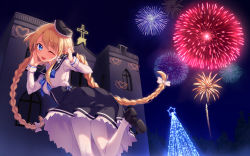 Rule 34 | 1girl, ;d, arched back, blonde hair, blue eyes, braid, christmas lights, christmas tree, cross, fireworks, from behind, hat, highres, leg up, long hair, looking at viewer, looking back, magi in wanchin basilica, night, nun, official art, one eye closed, open mouth, smile, solo, twin braids, very long hair, white legwear, xiao ma, yaguo