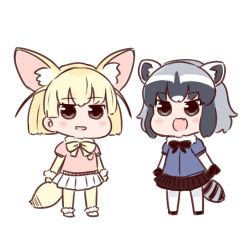 Rule 34 | 10s, 2girls, :d, animal ears, batta (ijigen debris), black gloves, black skirt, blonde hair, blue shirt, blush stickers, bracelet, brown eyes, chibi, common raccoon (kemono friends), fang, fennec (kemono friends), fox ears, fox tail, fur trim, gloves, grey hair, jewelry, kemono friends, looking at viewer, multicolored hair, multiple girls, open mouth, pantyhose, parted lips, pink shirt, pleated skirt, raccoon ears, raccoon tail, shirt, shoes, short sleeves, simple background, skirt, smile, standing, striped tail, tail, white background, white legwear, white skirt