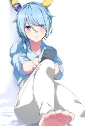 Rule 34 | 1girl, absurdres, animal ears, barefoot, blue eyes, blue hair, blush, casual, cellphone, closed mouth, collarbone, collared shirt, commentary request, ear covers, feet, foot out of frame, hair between eyes, hair ornament, highres, holding, holding phone, horse ears, horse girl, k.s.miracle (umamusume), knee up, long sleeves, looking at viewer, nerukichikatafukuma, official alternate costume, pants, phone, shirt, short hair, simple background, sitting, smartphone, soles, solo, textless version, toes, umamusume, white background