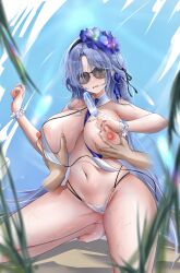 Rule 34 | 1girl, absurdres, alsace (azur lane), alsace (heat beating summer sacrament) (azur lane), azur lane, between breasts, bikini, blue eyes, blue hair, blue sky, blush, breasts, detached collar, disembodied hand, flower, food, grabbing, grabbing another&#039;s breast, hair flower, hair ornament, highres, holding, iue (artist), long hair, looking at viewer, navel, nipples, official alternate costume, popsicle, sky, stomach, sunglasses, swimsuit, very long hair, white bikini