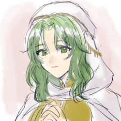 Rule 34 | 1girl, commentary, fire emblem, fire emblem: thracia 776, green eyes, green hair, hazuki (nyorosuke), hood, interlocked fingers, long hair, looking at viewer, nintendo, own hands together, portrait, safy (fire emblem), smile, solo