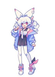 Rule 34 | 1girl, absurdres, ahoge, animal ears, ankle bow, ankle ribbon, bare shoulders, bcy, black skirt, blue jacket, bow, cat ears, clenched hands, curly hair, full body, hair bow, hand up, highres, jacket, knees together feet apart, long sleeves, low twintails, miniskirt, necktie, off shoulder, pantyhose, pink bow, pink eyes, pleated skirt, ribbon, ruan miemie, shirt, shoes, skirt, sleeveless, sleeveless shirt, sneakers, solo, standing, twintails, white background, white bow, white footwear, white hair, white necktie, white pantyhose, white shirt, xianyudian laoban