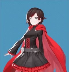 Rule 34 | &gt; &lt;, 1girl, = =, animated, animated gif, black dress, black hair, blush, cake, cape, corset, dress, eating, closed eyes, food, grey eyes, happy, lowres, open mouth, red cape, ruby rose, rwby, short hair, skirt, solo, spoon