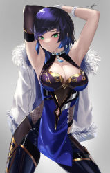 Rule 34 | 1girl, absurdres, armpits, arms up, black gloves, black thighhighs, blue dress, blue hair, blush, bob cut, breasts, cleavage, closed mouth, diagonal bangs, dice, dress, earrings, elbow gloves, fingerless gloves, fur-trimmed jacket, fur trim, genshin impact, gloves, green eyes, highres, jacket, jacket on shoulders, jewelry, large breasts, looking at viewer, mole, mole on breast, multicolored hair, neck tassel, pelvic curtain, short hair, signature, simple background, single elbow glove, sleeveless, sleeveless dress, solo, thighhighs, two-tone hair, white gloves, white jacket, yabacha, yelan (genshin impact)
