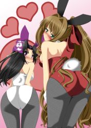 2girls absurdres animal_ears ass black_hair blush brown_hair detached_collar eiyuu eiyuu_(eiyuu04) fake_animal_ears fishnet_pantyhose fishnets from_behind green_eyes hair_ribbon highres long_hair looking_back multiple_girls original pantyhose playboy_bunny ponytail purple_eyes rabbit_ears rabbit_tail ribbon tail wrist_cuffs