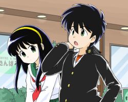 Rule 34 | 1boy, 1girl, black hair, black jacket, bush, closed mouth, dot mouth, dot nose, e saiba, green eyes, green sailor collar, hairband, jacket, leaning forward, long hair, looking at viewer, looking to the side, necktie, open mouth, original, outdoors, red necktie, retro artstyle, road, sailor collar, shirt, short hair, sidelocks, street, upper body, white shirt, window, yellow hairband