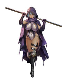 1girl aqua_hair bare_shoulders boots breasts cape cloak covered_navel curvy full_body gloves hair_ornament highleg highleg_leotard highres holding holding_weapon hood hooded_coat huge_breasts impossible_clothes impossible_leotard kurotani_kai leotard lilith-soft lips looking_at_viewer polearm rabidhowl revealing_clothes shiny_clothes shiny_skin simple_background solo taimanin_(series) taimanin_rpgx thong_leotard two-tone_leotard weapon white_background wide_hips yellow_eyes