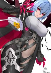 Rule 34 | 1girl, absurdres, black feathers, blue hair, bodysuit, breasts, cape, claws, cowboy shot, feathers, gauntlets, hair between eyes, hat, highres, honkai (series), honkai impact 3rd, large breasts, looking at viewer, mole, mole under mouth, noise paper, parted lips, peaked cap, raven (honkai impact), red eyes, short hair, single gauntlet, smile, solo, taut clothes