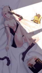 Rule 34 | 1girl, absurdres, ahoge, bare legs, bare shoulders, black nightgown, black socks, blush, breasts, collarbone, dinergate (girls&#039; frontline), artistic error, girls&#039; frontline, hair ornament, highres, leg up, lips, long hair, looking at viewer, lying, m4 sopmod ii (girls&#039; frontline), mechanical arms, nightgown, no bra, on back, one eye closed, open mouth, panties, pink hair, red eyes, single mechanical arm, single sock, small breasts, socks, soles, solo, swallow zzy, underwear, white panties, wrong hand