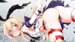 Rule 34 | 10s, 1girl, anchor, ass, black panties, blonde hair, blush, elbow gloves, gloves, hairband, highres, kantai collection, kuromaru9, long hair, panties, personification, shimakaze (kancolle), skirt, solo, striped clothes, striped thighhighs, tears, thighhighs, torn clothes, torn skirt, torn thighhighs, underwear, wallpaper, wavy mouth, white gloves, wide-eyed, yellow eyes
