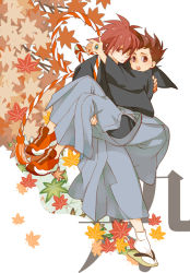 Rule 34 | 00s, 2boys, age difference, autumn, blush, brown eyes, brown hair, carrying, father and son, hug, japanese clothes, kratos aurion, leaf, lloyd irving, male focus, multiple boys, princess carry, red eyes, red hair, shoes, short hair, sneakers, tales of (series), tales of symphonia