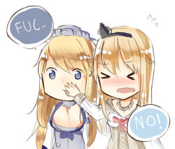 Rule 34 | &gt; &lt;, 10s, 2girls, bad anatomy, blonde hair, blush, breasts, cleavage, closed eyes, covering own mouth, english text, flying sweatdrops, headgear, iowa (kancolle), kantai collection, large breasts, long hair, multiple girls, open mouth, poorly drawn, profanity, purple eyes, skyclad, speech bubble, star-shaped pupils, star (symbol), symbol-shaped pupils, warspite (kancolle), wavy mouth