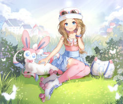 Rule 34 | 1girl, bag, blonde hair, blouse, blue eyes, blue skirt, blush, bracelet, brown hair, bug, bush, butterfly, chinese commentary, cloud, collared shirt, commentary request, creatures (company), day, eyewear on headwear, game freak, gen 6 pokemon, grass, hand up, hat, highres, insect, jewelry, long hair, looking at viewer, nintendo, okazakileo, open mouth, outdoors, pink shirt, pink thighhighs, pokemon, pokemon (creature), pokemon xy, roller skates, serena (pokemon), shirt, sitting, skates, skirt, sky, sleeveless, sleeveless shirt, smile, sparkle, sunglasses, sylveon, thighhighs, unworn bag, white bag, white footwear, white headwear