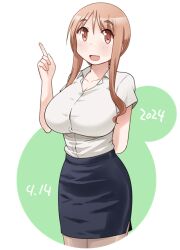 Rule 34 | 1girl, :d, arm behind back, black skirt, blush, breasts, brown eyes, brown hair, cleavage, collarbone, collared shirt, commentary request, cropped legs, dated, green background, hand up, happy, index finger raised, katatsuka kouji, large breasts, long hair, looking at viewer, matsumoto yoriko, open mouth, pencil skirt, shirt, shirt tucked in, short sleeves, skirt, smile, solo, standing, two-tone background, white background, white shirt, yuyushiki