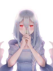 Rule 34 | 1girl, blush, braid, breasts, commentary request, dress, extra pupils, eyelashes, grey dress, grey hair, hair between eyes, hair over shoulder, own hands clasped, hood, hood down, hooded dress, kumo desu ga nani ka?, kumoko (kumo desu ga nani ka?), long hair, medium breasts, own hands together, red eyes, shiraori, single braid, solo, tsunakan honaka, upper body, white background, wide sleeves